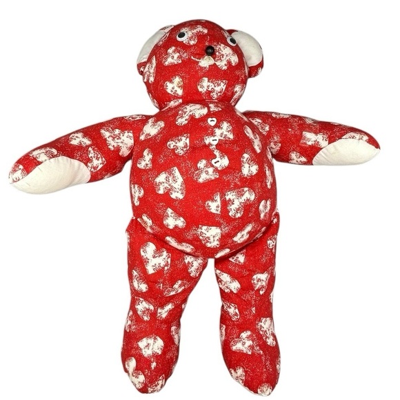 VINTAGE HANDMADE TEDDY BEAR RED WHITE HEART PRINT VALENTINE LOVEY COLLECTIBLE - Picture 8 of 10